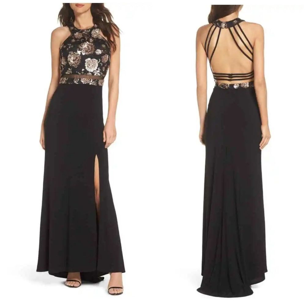 Morgan & Co. Juniors' Women'S Black Floral Sequin Sleeveless Gown Dress 7/8